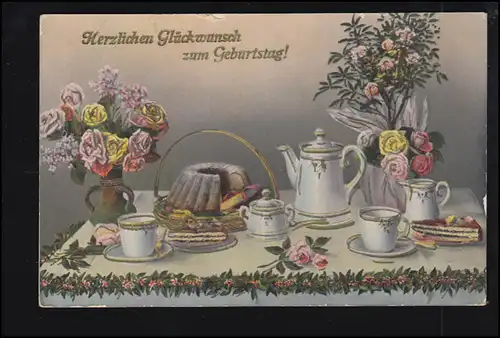 Künstler-AK Geburtstagstisch mit Kaffee und Kuchen, SCHÖNBORN 7.4.1916
