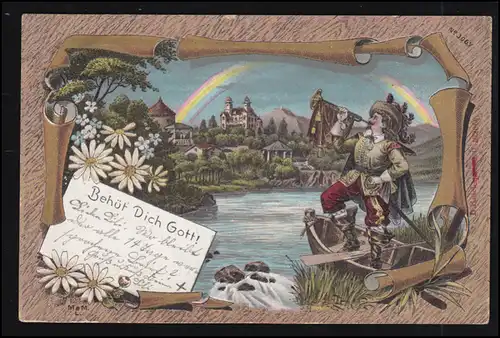 Künstler-AK Trompeter im Boot Stadt mit Regenbogen, LEER 7.11.1898 nach NORDEN