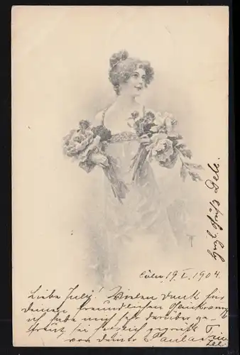 AK Artiste femme avec deux bouquets de fleurs, CÖLN 19.1.1904 d'après WESEL 20.1.04