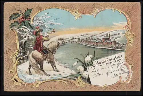 Artiste-AK Nouvel An Trompeter sur cheval - Behüt EUCH Dieu..., HANNOVER 1899