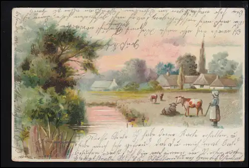 Artiste AK Dorfidylle avec vaches et paysage fluvial, QUATRE 15.1903 selon VORST