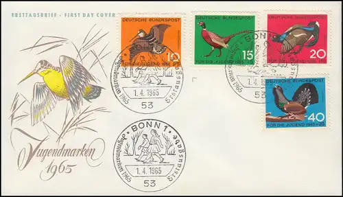 464-467 Jugend Jagdbares Federwild 1965 - Satz auf Schmuck-FDC ESSt BONN