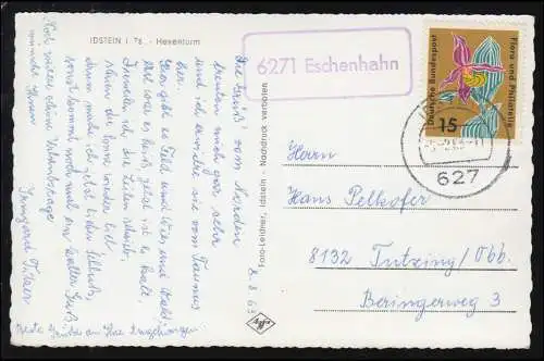 Landpost-Stempel 6271 Eschenhahn auf AK Idstein Hexenturm, IDSTEIN 1963 