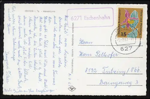Temple de la poste de campagne 6271 Raquette d'Echenhahn sur AK Idstein Tour de sorcière, IDSTEIN 1963