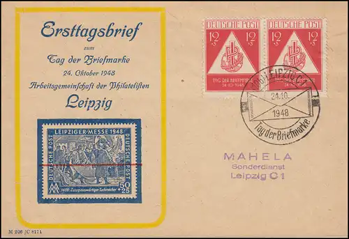 228 Tag der Briefmarke im Paar Schmuck-Brief passender SSt LEIPZIG 24.10.1948