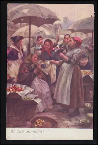AK Artiste Bartonek: Votre jour de nom - Les femmes du marché saluent Annenka, PRAG 1915