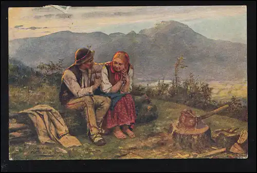 AK Artiste Kozakiewicz: Après le petit déjeuner - les paysans en costumes, couru