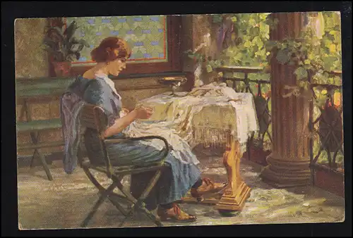 Künstler-AK Fischer-Coerlin: Auf dem Balkon, OBENSEE 11.7.1919