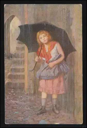 Klimes AK Artiste: Il pleut! - Fille sous le parapluie, couru en 1916