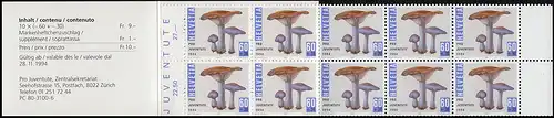Suisse Carnets de marques 0-99, champignons pro Juventute 1994, **