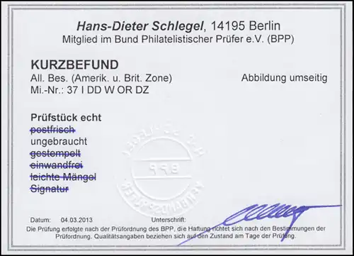 37I DD W OR DZ Bandaufdruck als Ecke oben links DZ 3 neg. -Haftpunkte BPP-Befund