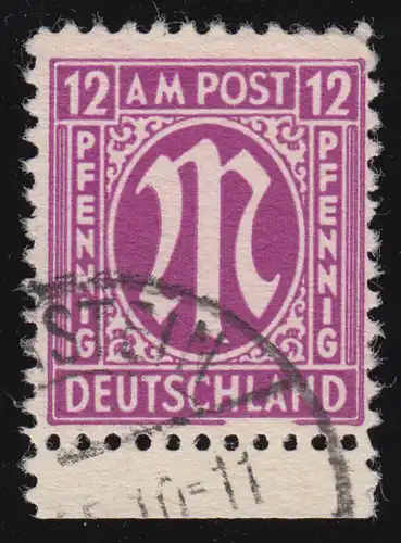 7I AM-Post 12 Pf. O mit PLF Linienbruch unter HLA, Feld 96, schönes Bedarfsstück