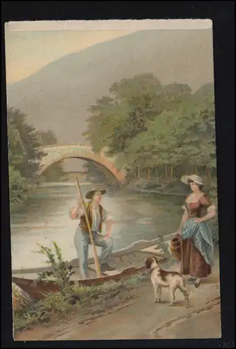 AK artiste pilote de bateau avec femme et chien, édition Kopal, PRAHA / PRAG 1908