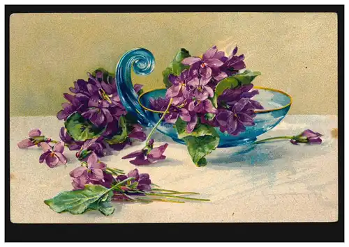 Prägekarte Stillleben: Blaue Glasvase mit violetten Blumen, WIEDENBRÜCK 23.8.10