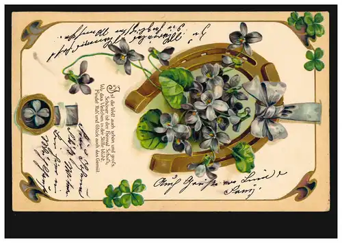 Bahnpost KONSTANZ-OFFENBURG 16.7.1908 auf Prägekarte Hufeisen mit Veilchen