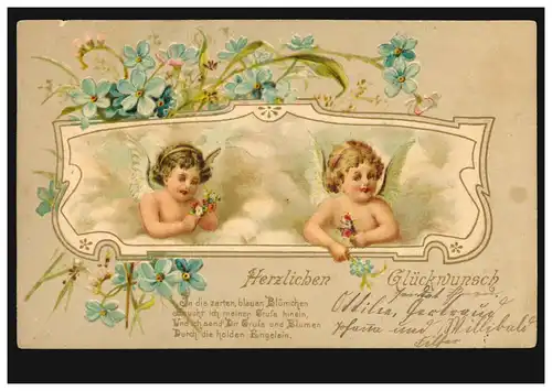 Carte de prédilection Deux anges souriants avec des fleurs, couru 1903