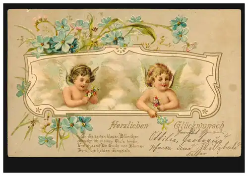 Prägekarte Zwei lächelnde Engel mit Blumen, gelaufen 1903