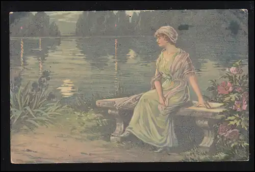 Künstler-AK Nachdenkliche Frau auf Steinbank am Parkteich, ALFELD / LEINE 1918