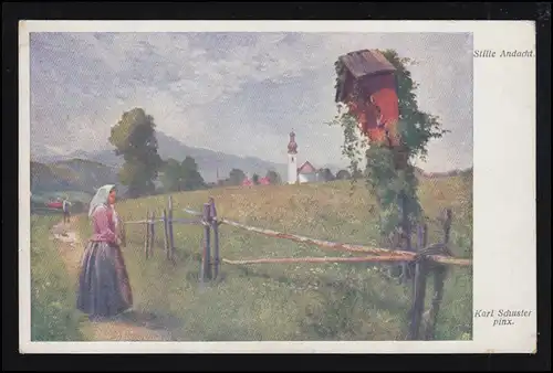 Künstler-AK Karl Schuster: Stille Andacht - Frau am Wegkreuz, gelaufen 1917