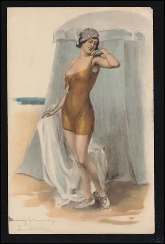 AK Clemency Artiste: Art Nouveau - femme en maillot de bain sur la plage, inutilisé