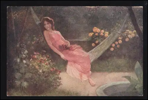 Künstler-AK Bauduin: Süßes Nichtstun - Frau in Hängematte, ungebraucht