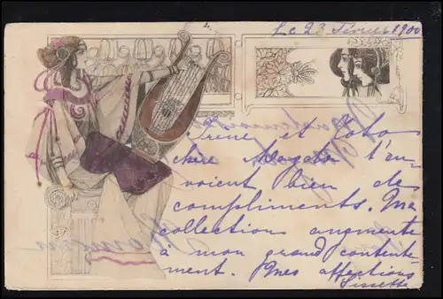 Künstler-AK Jugendstil Frau mit Harfe, gelaufen 8.3.1900 
