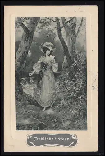 AK Artiste Pâques - Lire femme avec parapluie, DEGGENDORF 14.3.1913