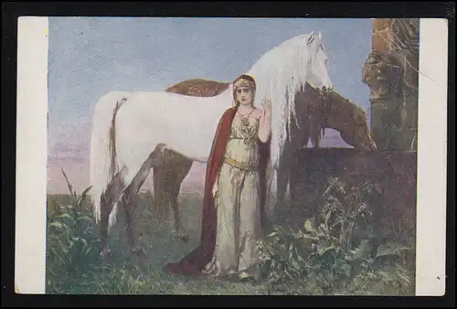 Künstler-AK Jaroslav Cermak: Beim Brunnen - Frau mit zwei Pferden, ungebraucht