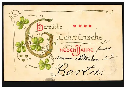 Prägekarte Neujahr Glücksklee-Zweig, EUPEN 1905