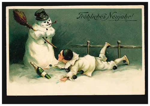 Prägekarte Neujahr Clown Sektflasche Schneemann, JEVER 31.12.1908