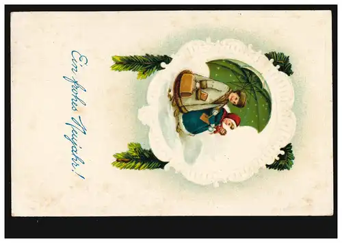 Carte de l'année Nouvel An Couple d'enfants avec poupée et parapluie, WERDUM 1914