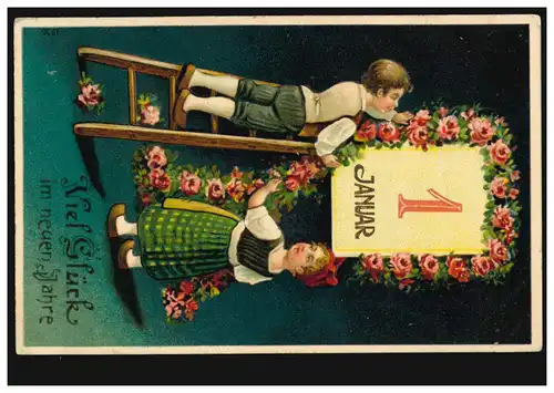 Prägekarte Neujahr 1. Januar Kinder mit Blumengirlande, gelaufen 31.12.1910
