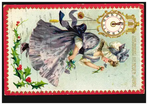 Prägekarte Neujahr Mädchen im violetten Kleid Silvesteruhr, WILLICH 31.12.1910