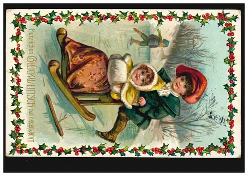 Prägekarte Neujahr Kinder spielen auf dem Eis, BERLIN N 24 e 31.12.1913