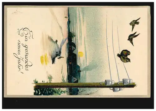 Prägekarte Neujahr Dorfidylle mit Telegrafemast und Vögel, M.GLADBACH 31.12.1919