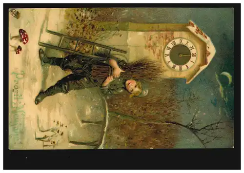 Prägekarte Neujahr Junge Reisigsammlen Silvesteruhr, LEICHLINGEN 31.12.1908