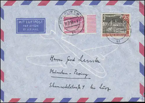 159IV Spandau avec PLF IV bord cassé du toit MiF lettre de courrier aérien BERLIN 19.2.58