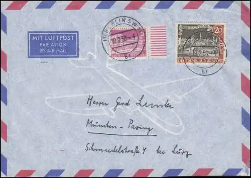 159IV Spandau avec PLF IV bord cassé du toit MiF lettre de courrier aérien BERLIN 19.2.58