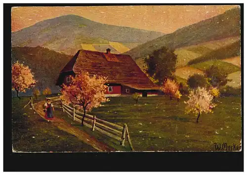 AK ferme d'artiste avec paysanne au printemps, édition A.S.M. &. S. DORTMUND 1941