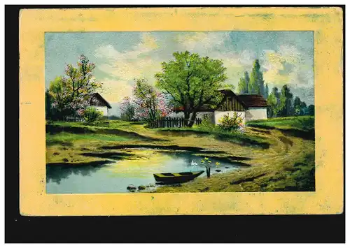 Italien Künstler-AK Dorfidylle Teich Boot Enten, gelaufen 1918 nach Eggerhaus