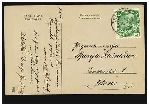 Carte de prédilection Félicitations sous la forme d'un vieux document de fer à cheval trèfle chanceux, 1913