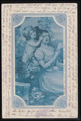 Künstler-AK Engel hält Mädchen mit Brief die Augen zu, EGGENFELDEN 10.3.1903