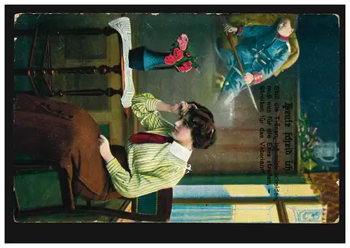 Propaganda-AK Sterbender Soldat und weinende Witwe, Feldpost GÜTERSLOH 23.7.1915