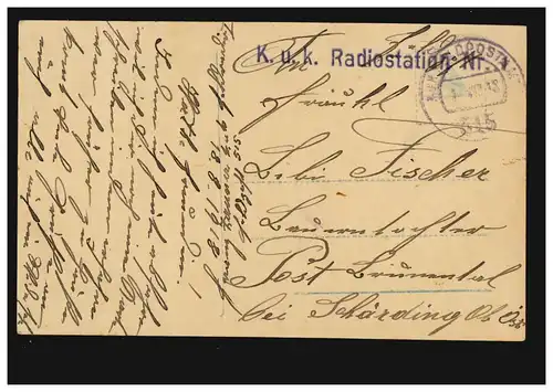 Poste de terrain 515 - 18.8.1918 sur AK couple d'amour avec BS K.u.K. Radiostation n° 1