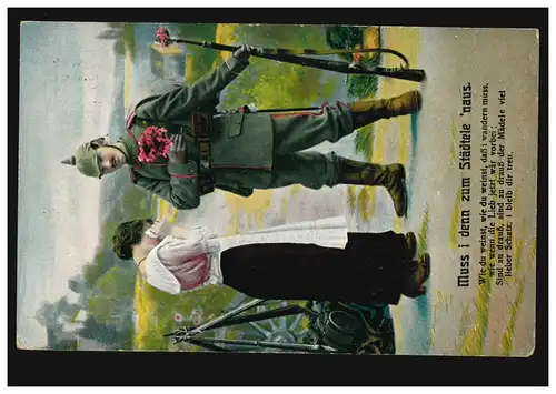 Volkslieder-AK Propaganda Militär Muss i denn zum Städtele 'naus, 24.8.1915