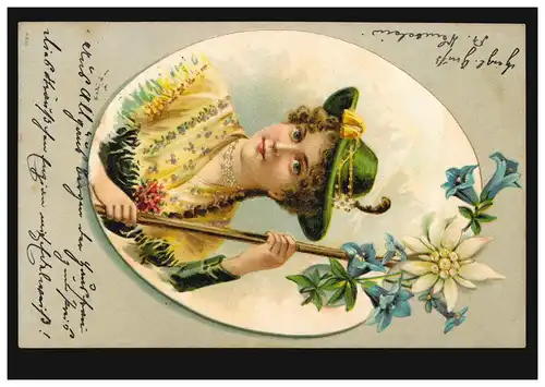 Carte de prédilection femme en Bavière avec Enzian et alpin-Edelweiss, KEMPTEN 27.8.1902