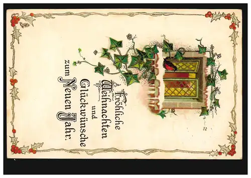 Carte de Noël fenêtre de Nouvel An en hiver avec le gimpel et le lierre, couru