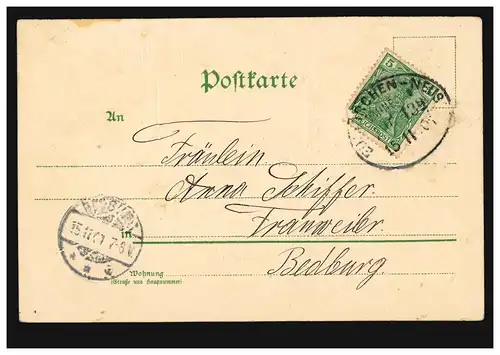 Poste ferroviaire EUKIRCHEN-NEUSS ZUG 132 - 15.11.1901 sur carte de bord Paysage