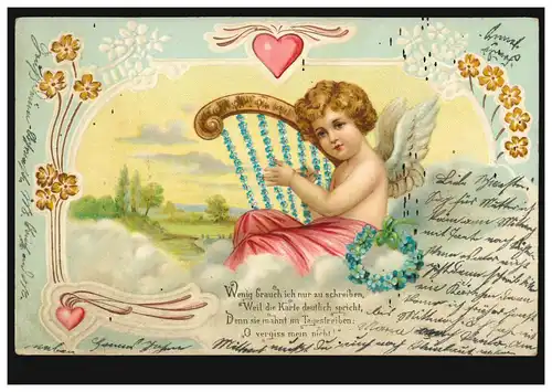 Prägekarte Engel mit Harfe aus Blumen Veilchen Herz, nach VORST 2.2.1904