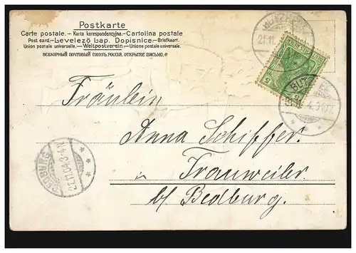 Prägekarte Junge als Briefträger bringt Kartengrüsse, BUTZHEIM 21.11.1904